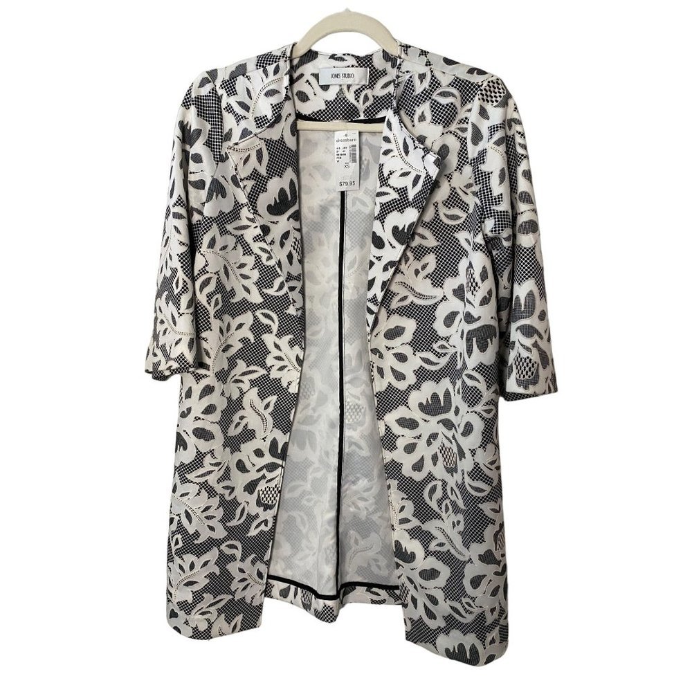 New Jones Studio Black White Floral Mid Length Embroidered Blazer Jacket Sz XS